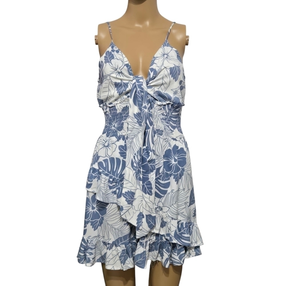 Ocean Dive Summer Floral Blue and White Ruffle Layer Dress Size Medium